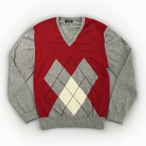 VTG Ping 100% Cashmere Sweater Mens 44 Red Grey Argyle Scotland Knit V Neck